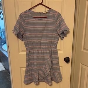 Blue & Pink Striped Ruffle Hem Dress
